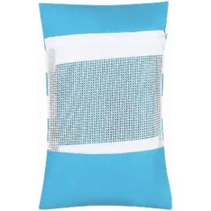 A cushion with a blue cover and a white mesh design featuring a zip. It has a simple, modern style.