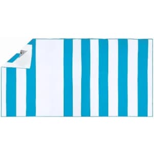 A beach towel featuring bold blue and white stripes, with a soft texture and stitched edges. It has a logo in one corner.