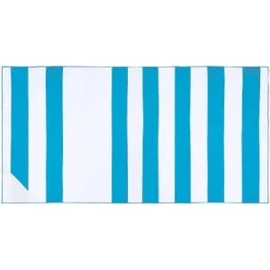 A beach towel featuring alternating white and turquoise stripes, with one corner tapered. It has a logo.
