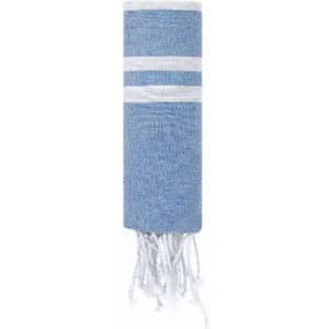 A blue and white striped beach towel with fringed edges, rolled up. It has a simple, casual design.
