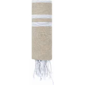 A drink bottle in a beige and white design, featuring a textured finish and white fringing at the bottom. It has a logo.