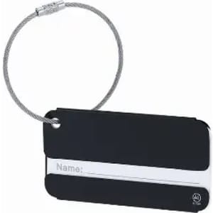 A black and silver luggage tag with a wire loop for attachment, featuring a blank area for a name.
