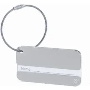 A metal name tag with a silver finish and a loop attachment, designed for identification purposes.