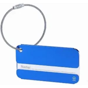 A blue metal luggage tag with a silver strip for writing a name, attached to a wire loop.