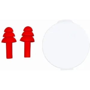 A drink bottle in white accompanied by two red earplugs, featuring a simple and sleek design.
