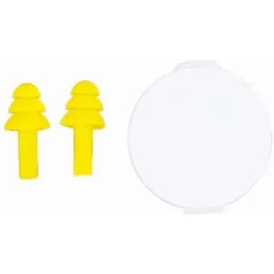 Earplugs in bright yellow with a circular white case. The design includes two pairs of earplugs.