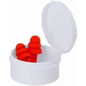 A round white container with a lid, containing red silicone earplugs.