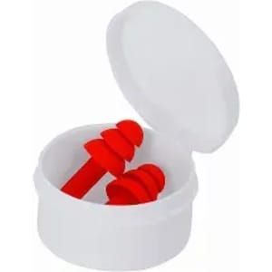 A white case containing red ear plugs, with the lid open. The ear plugs are coiled for a snug fit.
