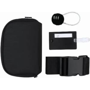 A black travel organisation set featuring a zippered pouch, luggage tag, elastic band, and secure buckle.
