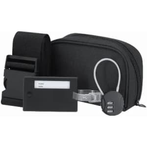 A collection of black travel accessories including a pouch, strap, and lock. The items are designed for convenience and security.