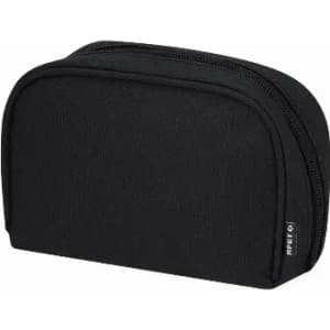 A black zippered pouch with a structured design and a logo on the side.