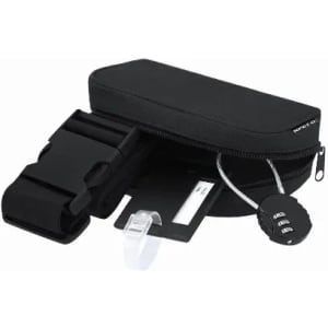 A black zippered case containing a strap, a lock with dials, and an ID card holder. It has a minimalist design.
