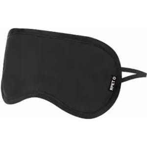 A sleep mask in black with a branded logo, featuring a soft material and an adjustable strap.