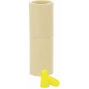 A beige drink bottle with a removable yellow cap, featuring a logo on the side.