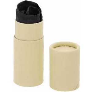 A drink bottle in a beige colour with a black top, featuring a simple cylindrical design and a lid.
