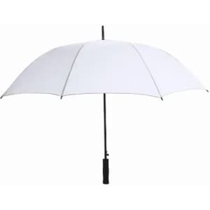 A white umbrella with a black handle, featuring a simple design and a sturdy structure.