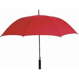 A red umbrella with a black handle. The canopy is wide and open, supported by a black frame.