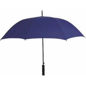 A blue umbrella with a black handle and a smooth, curved canopy design. It has a simple, sleek appearance.