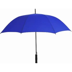 A blue umbrella with a black handle and an opening mechanism. It features a sleek, curved design.
