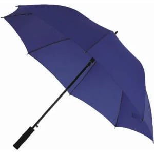 A navy umbrella with a black handle, featuring a large canopy and a black frame.