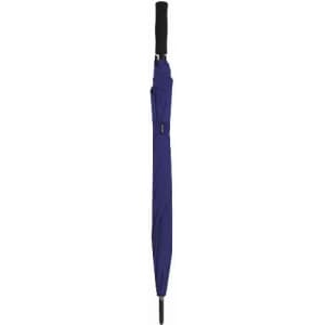 A purple umbrella with a black handle, featuring a sleek design and a silver tip at the end.