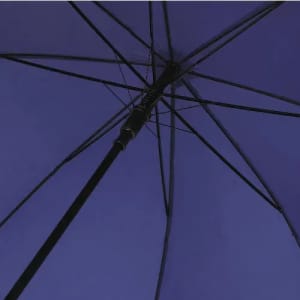 A purple umbrella viewed from underneath, featuring a black handle and support structure.