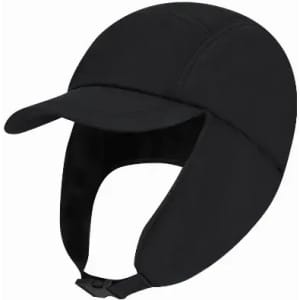 A black cap with ear flaps and a visor, featuring a snug fit and adjustable strap.