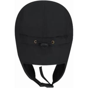 A black hat with a curved top and adjustable chin strap, featuring a decorative band around the crown and a logo.