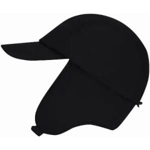 A black sun hat with a wide brim and neck flap for sun protection. It features adjustable straps for a secure fit.