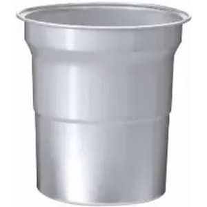 A silver drink bottle with a cylindrical shape, featuring a tapered top and a smooth surface. It has a simple branding logo.