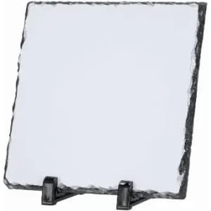 A slate photo frame with a textured edge, displayed on a black stand. The frame is blank and unmarked.