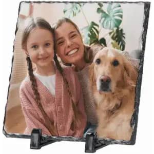 A framed photo on a decorative stand featuring a girl, a woman, and a golden retriever, set against indoor plants.