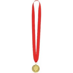 A gold medal on a red ribbon, featuring a decorative edge and a plain centre.