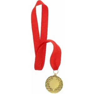 A gold medal hangs from a red ribbon, featuring a laurel wreath design on its surface.