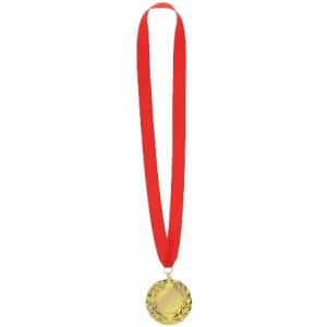 A gold medal hanging from a red ribbon, featuring a laurel wreath design.