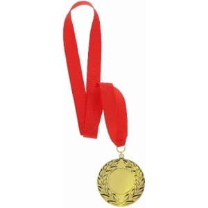 A gold medal with a laurel design, suspended from a red ribbon. It features a blank centre for custom engraving.
