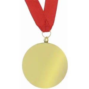 A gold medal with a red ribbon, featuring a smooth, blank surface for engraving or decoration.