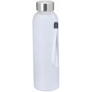 A drink bottle in frosted white with a stainless steel cap and a looped strap. Features a logo on the side.