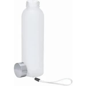 A drink bottle with a frosted white body and a silver cap, featuring a tethered loop.