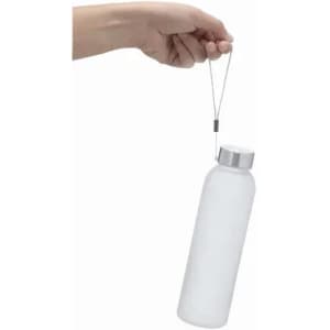 A drink bottle in a translucent finish with a silver cap, being held by a hand via a string attachment.