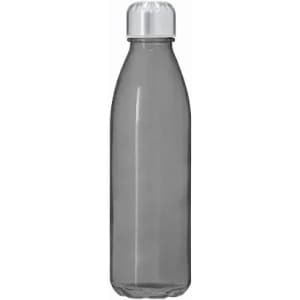 A drink bottle in a sleek grey design with a silver cap and a smooth, transparent surface.