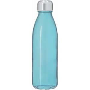 A drink bottle with a light blue body and a silver cap, featuring a logo.