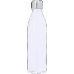 A clear drink bottle with a silver screw top. The bottle is tall and slender in design.