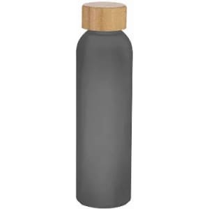 A drink bottle with a matte grey body and a wooden lid, featuring a logo on its surface.