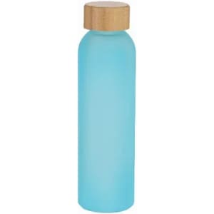 A drink bottle in light blue with a golden-toned wooden lid and a smooth, frosted finish.
