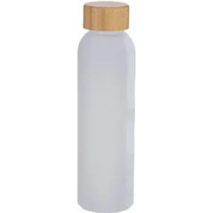 A drink bottle with a sleek transparent body and a wooden lid, showcasing a minimalist design.