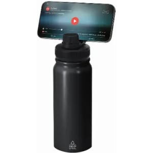 A drink bottle in black with a screw-top lid, featuring a holder for a smartphone on top.