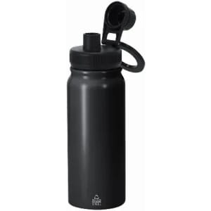 A drink bottle in matte black, featuring a sports cap and a carrying loop, with a logo on the front.
