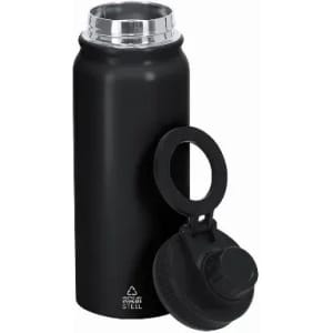 A drink bottle in matte black with a metal lid and removable cap, featuring a branding logo.