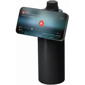 A drink bottle in black, designed with a phone holder feature for easy viewing. It includes a logo on the side.